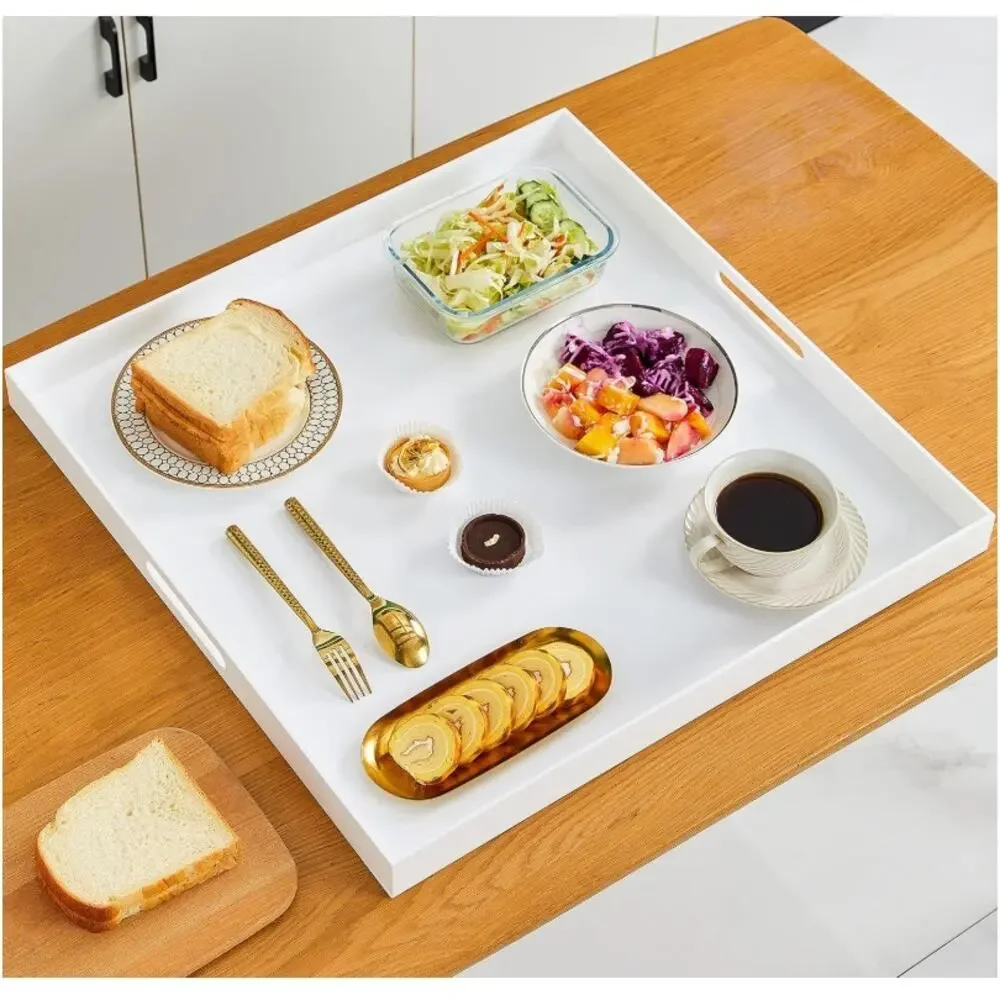 Extra Large 24x24 White Acrylic Serving Tray w Handles Glossy Butler - Picture 3 of 8